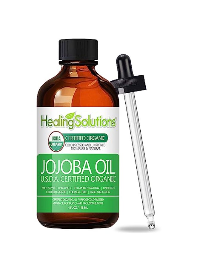 Healing Solutions Oils Organic Jojoba Oil 4 oz Pure Cold Pressed 100 Natural Serum for Hair Skin Face Body Scalp Cuticle Nail Unrefined Moisturizing Acne Fighter Treatment 118 ml - Image 1