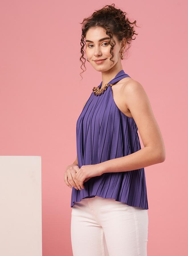 globus Women Purple Solid Accordion Pleated Top with Chain Detail - Image 2
