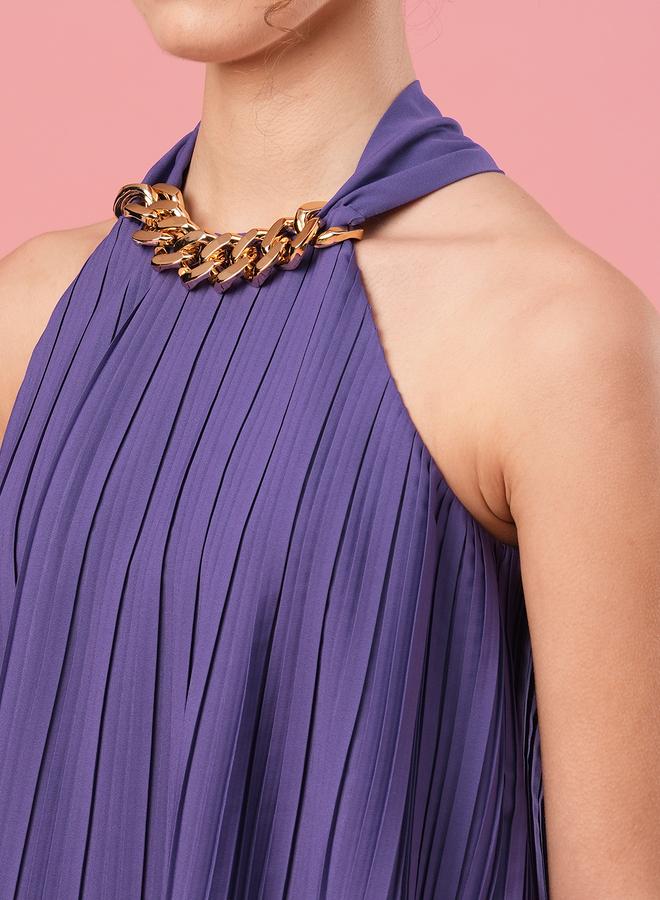 globus Women Purple Solid Accordion Pleated Top with Chain Detail - Image 4