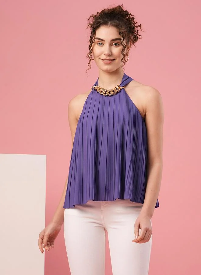 globus Women Purple Solid Accordion Pleated Top with Chain Detail