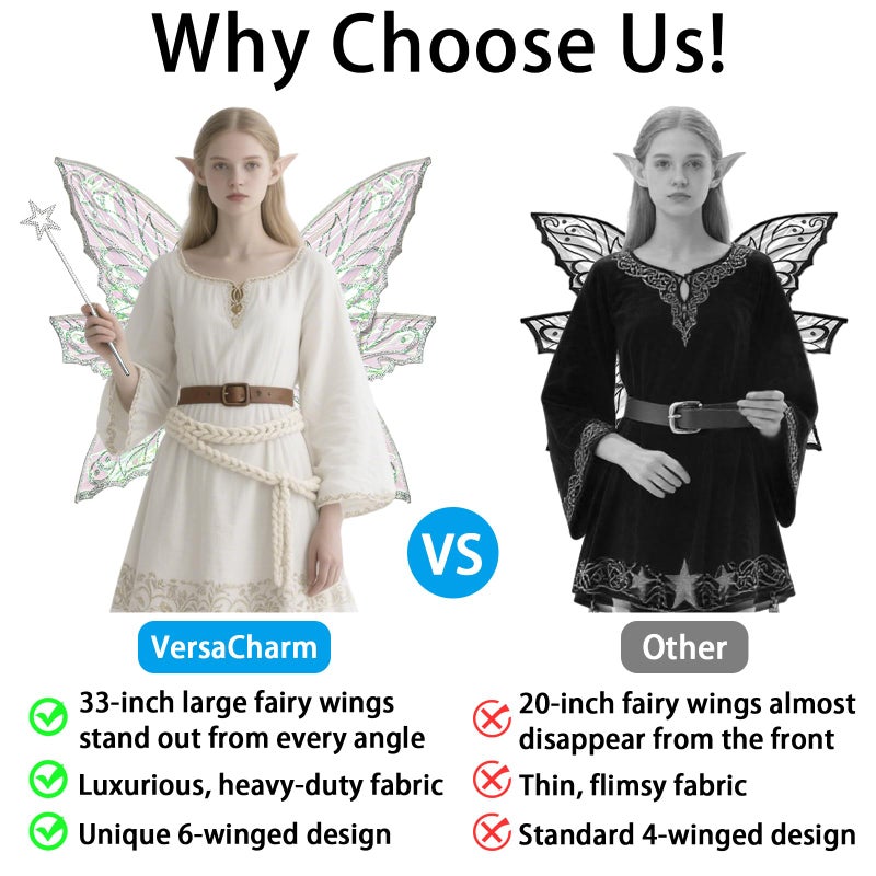 VersaCharm Fairy Wings Women Adult Large,White Fairy Costume for Woman,Big Realistic Butterfly Wings Halloween Costume Accessories Set with Ears,Wand,Crown, Hair Tinsel for Cosplay, Renaissance Fair Party - Image 2