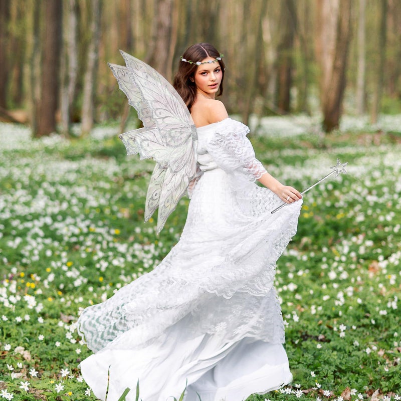VersaCharm Fairy Wings Women Adult Large,White Fairy Costume for Woman,Big Realistic Butterfly Wings Halloween Costume Accessories Set with Ears,Wand,Crown, Hair Tinsel for Cosplay, Renaissance Fair Party - Image 5