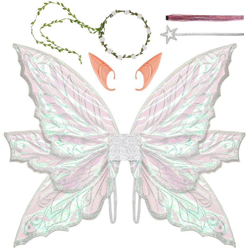 VersaCharm Fairy Wings Women Adult Large,White Fairy Costume for Woman,Big Realistic Butterfly Wings Halloween Costume Accessories Set with Ears,Wand,Crown, Hair Tinsel for Cosplay, Renaissance Fair Party - Image 1