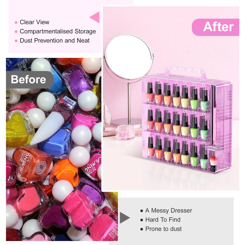Beloving Nail Polish Organizer Case for 48 Bottles with Adjustable Divider, Double Side Nail Polish Holder for Storage Display, Pink - Image 2