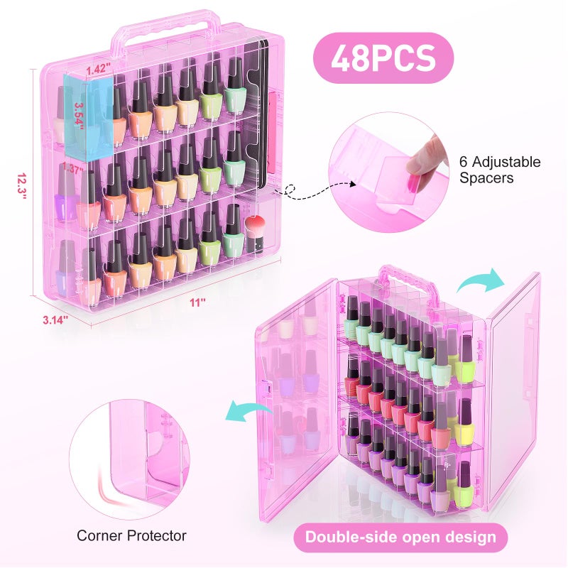 Beloving Nail Polish Organizer Case for 48 Bottles with Adjustable Divider, Double Side Nail Polish Holder for Storage Display, Pink - Image 3