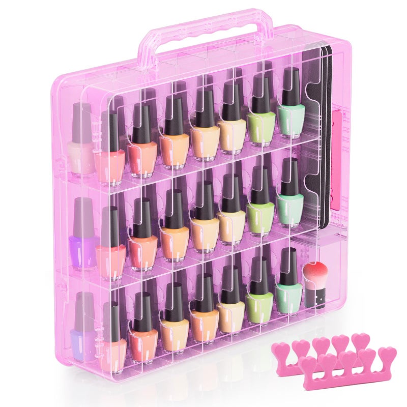Beloving Nail Polish Organizer Case for 48 Bottles with Adjustable Divider, Double Side Nail Polish Holder for Storage Display, Pink - Image 1