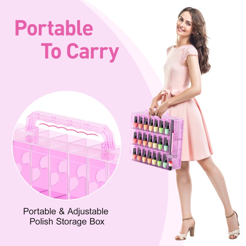 Beloving Nail Polish Organizer Case for 48 Bottles with Adjustable Divider, Double Side Nail Polish Holder for Storage Display, Pink - Image 5