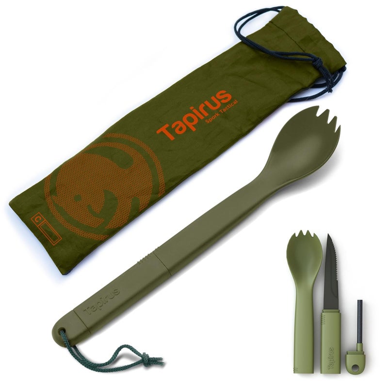 Tapirus Spork Tactical Green | BPA Free Spoon Fork, Stainless Steel Knife and Fire Starter | 3 in 1 multipurpose utensil | Outdoor hiking, camping & backpacking gear | Fit for MRE - Image 1