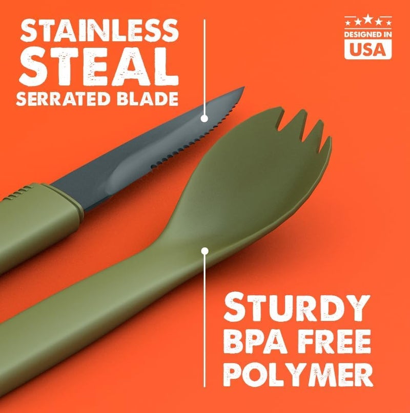 Tapirus Spork Tactical Green | BPA Free Spoon Fork, Stainless Steel Knife and Fire Starter | 3 in 1 multipurpose utensil | Outdoor hiking, camping & backpacking gear | Fit for MRE - Image 5