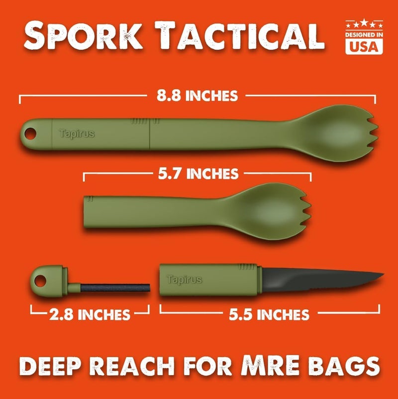 Tapirus Spork Tactical Green | BPA Free Spoon Fork, Stainless Steel Knife and Fire Starter | 3 in 1 multipurpose utensil | Outdoor hiking, camping & backpacking gear | Fit for MRE - Image 2