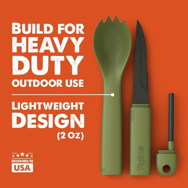 Tapirus Spork Tactical Green | BPA Free Spoon Fork, Stainless Steel Knife and Fire Starter | 3 in 1 multipurpose utensil | Outdoor hiking, camping & backpacking gear | Fit for MRE - Image 4