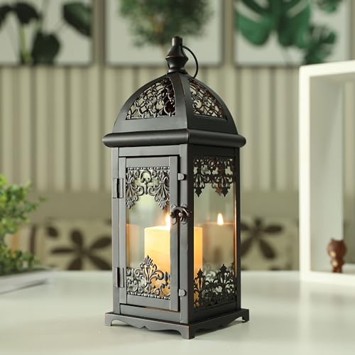 JHY DESIGN Gothic Decorative Candle Lantern 15''High Metal Candle Lanterns Vintage Style Hanging Lantern for Indoor Outdoor Events Parities Weddings Halloween(Black with Red Brush) - Image 1