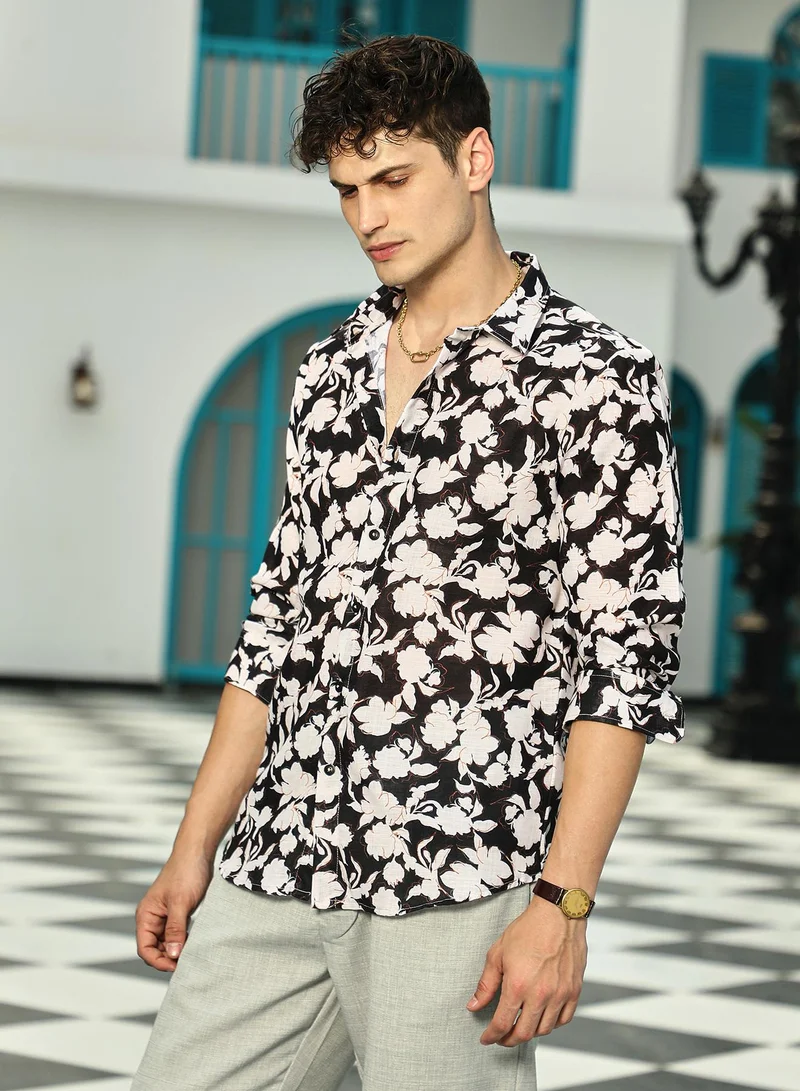 Campus Sutra Men's Midnight Black & Daisy White Everbloom Regular Shirt
