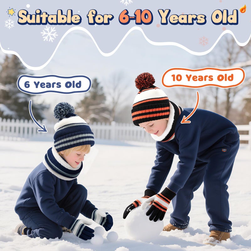 Bessteven Kids Winter Hat Scarf Gloves: Boys Beanie Hats Gloves Set for Ages 6-10 Warm Thick Fleece Lined Winter Set with Pom Pom Knit Cap Neck Warmer for Children Sledding Outdoor Activities - Navy Blue - Image 5