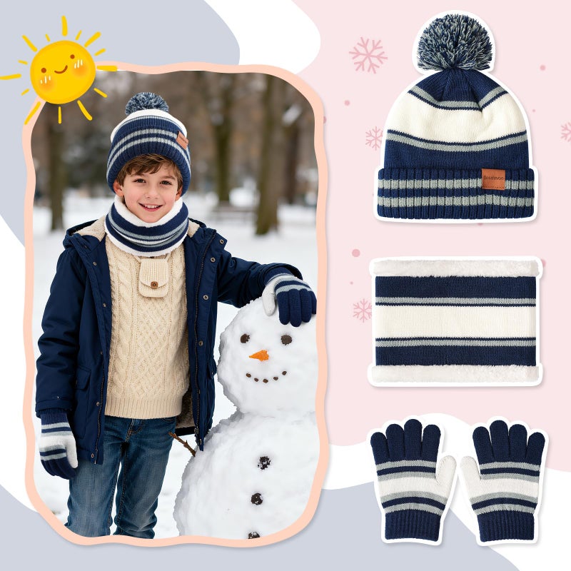 Bessteven Kids Winter Hat Scarf Gloves: Boys Beanie Hats Gloves Set for Ages 6-10 Warm Thick Fleece Lined Winter Set with Pom Pom Knit Cap Neck Warmer for Children Sledding Outdoor Activities - Navy Blue - Image 2