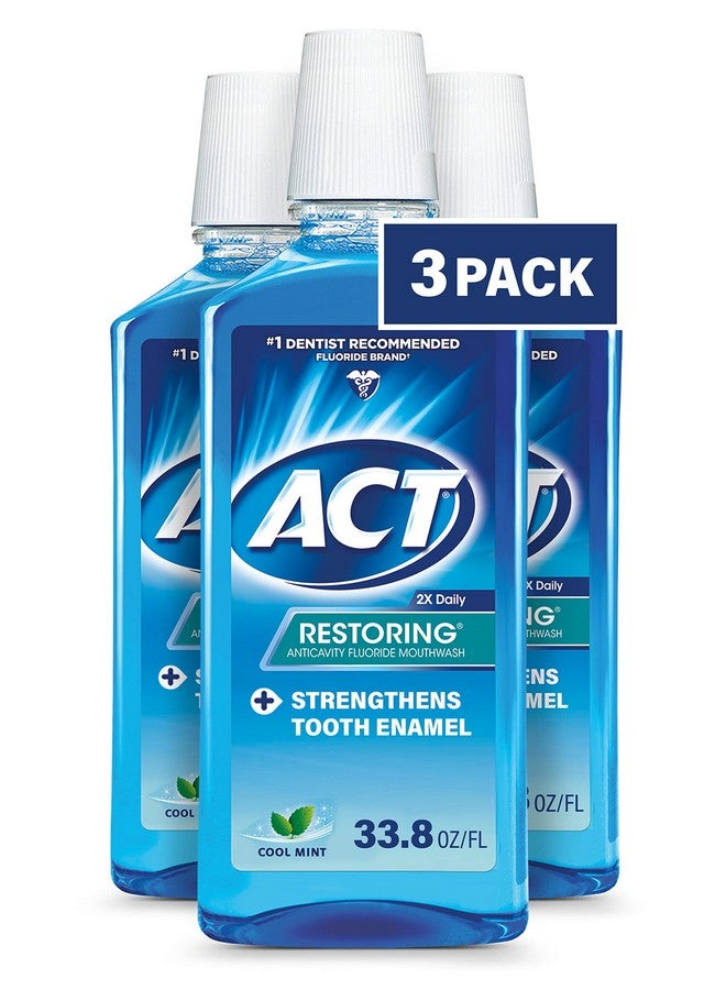 ACT Restoring Fluoride Mouthwash 33.8 Fl. Oz. Strengthens Tooth Enamel Cool Mint Pack Of 3 - Image 1