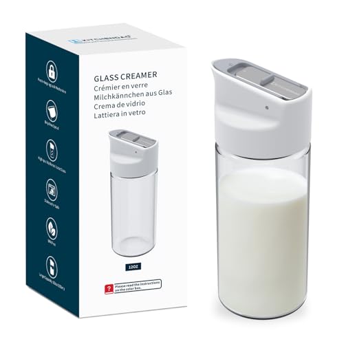 KITCHENDAO Glass Creamer with FreshKeeping Lock Mechanism Dripfree Spout 12 oz Milk Pitcher with Lid Borosilicate Glass Creamer Container Dishwasher Safe - Image 1