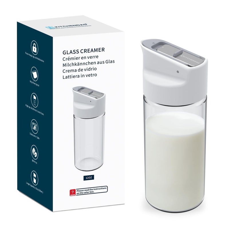 KITCHENDAO Glass Creamer with FreshKeeping Lock Mechanism Dripfree Spout 12 oz Milk Pitcher with Lid Borosilicate Glass Creamer Container Dishwasher Safe - Image 2