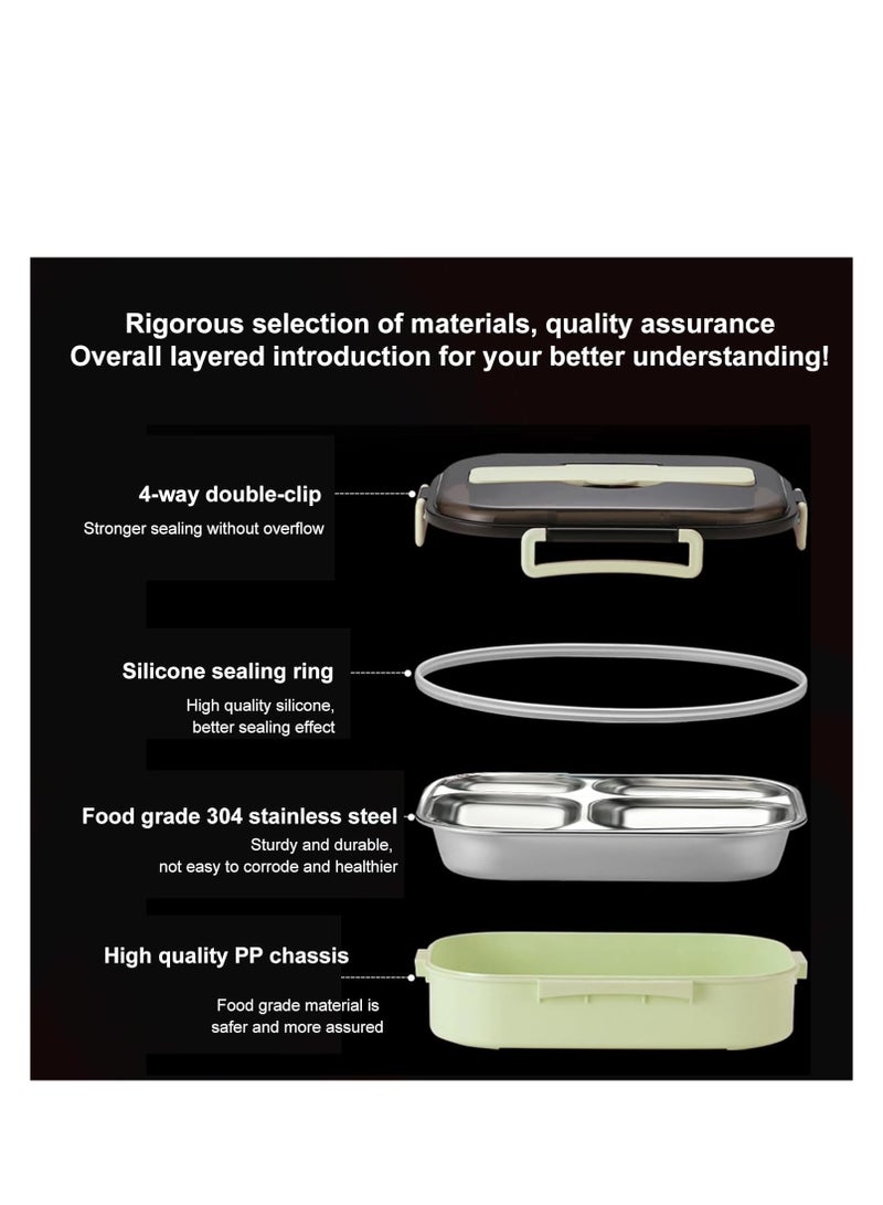 صندوق غداء من الفولاذ المقاوم للصدأ 304 للبالغين والرجال والنساء، صندوق غداء مقاوم للتسرب بسعة 1200 مل و4 أقسام، غلاف من مادة البولي بروبيلين الملائمة للطعام، قابل للميكروويف، مجموعة مع حقيبة غداء، خا - Image 3