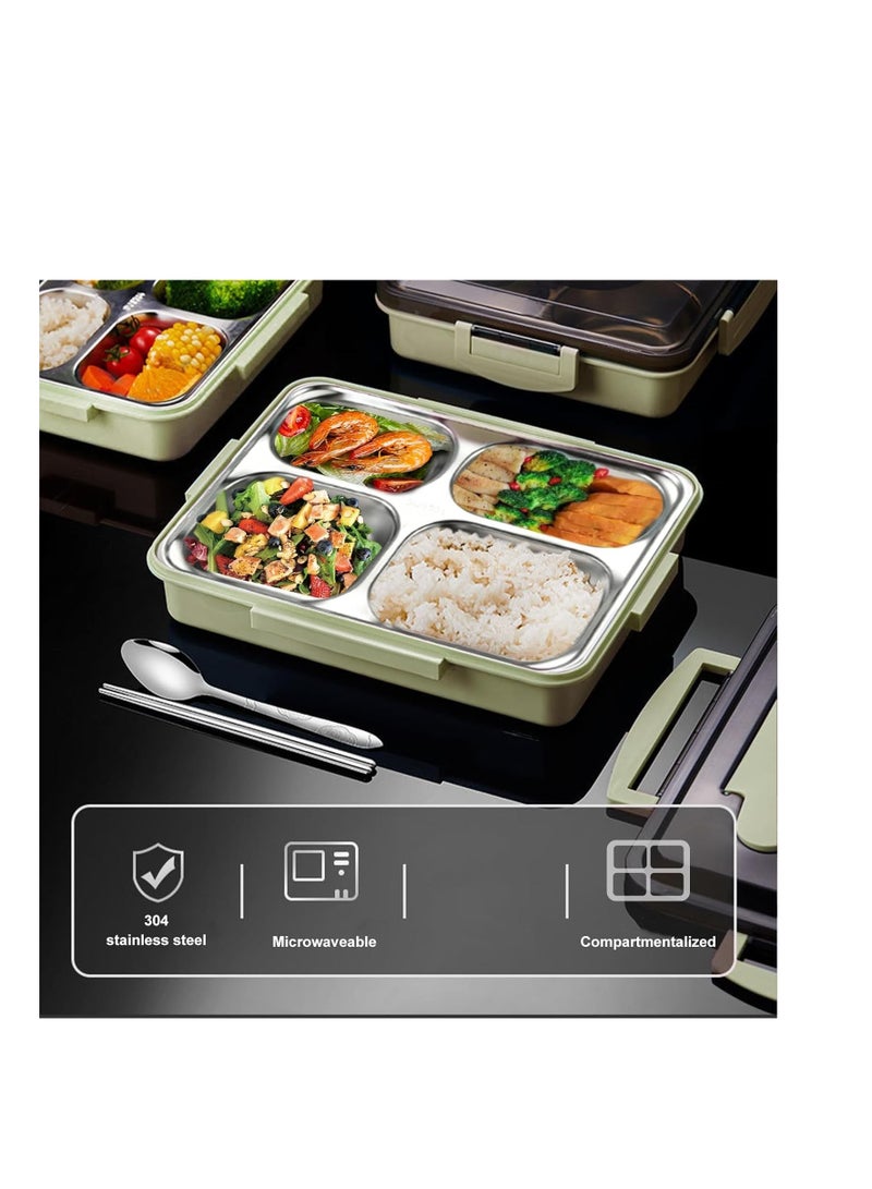 صندوق غداء من الفولاذ المقاوم للصدأ 304 للبالغين والرجال والنساء، صندوق غداء مقاوم للتسرب بسعة 1200 مل و4 أقسام، غلاف من مادة البولي بروبيلين الملائمة للطعام، قابل للميكروويف، مجموعة مع حقيبة غداء، خا - Image 2