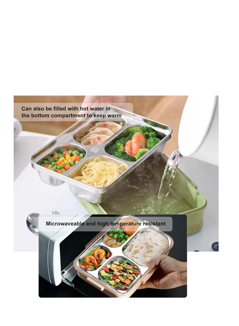 صندوق غداء من الفولاذ المقاوم للصدأ 304 للبالغين والرجال والنساء، صندوق غداء مقاوم للتسرب بسعة 1200 مل و4 أقسام، غلاف من مادة البولي بروبيلين الملائمة للطعام، قابل للميكروويف، مجموعة مع حقيبة غداء، خا - Image 5
