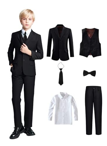 Yanlu Toddler Kids Suit Boy Slim Fit Tuxedo Wedding Ring Bearer Outfit Blazer Pants Vest Shirt Necktie and Bow Tie 6 Piece Black Kids Suits Size 6 - Image 1