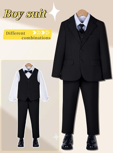 Yanlu Toddler Kids Suit Boy Slim Fit Tuxedo Wedding Ring Bearer Outfit Blazer Pants Vest Shirt Necktie and Bow Tie 6 Piece Black Kids Suits Size 6 - Image 3