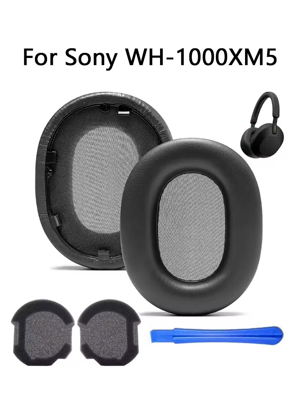 Protein Leather Replacement Earpads for Sony WH-1000XM5 Noise Canceling Headphones, Ear Pads Cushions with Noise Isolation Memory Foam, Added Thickness - Black
