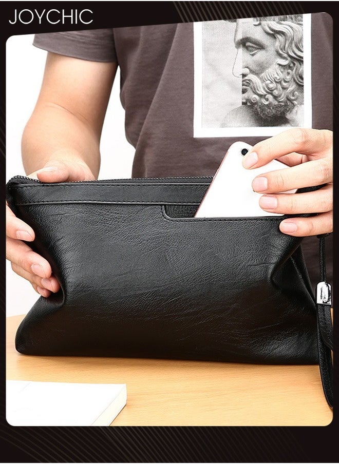 Joychic Men Envelope Bag Large Capacity Business Casual Clutch Bag Trendy Portable Phone Purse PU Waterproof Handbag with Wrist Strap Black  - Image 2