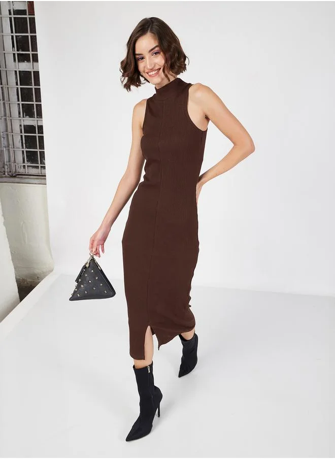 ساسافراس Rib High Neck Sleeveless Midi Dress