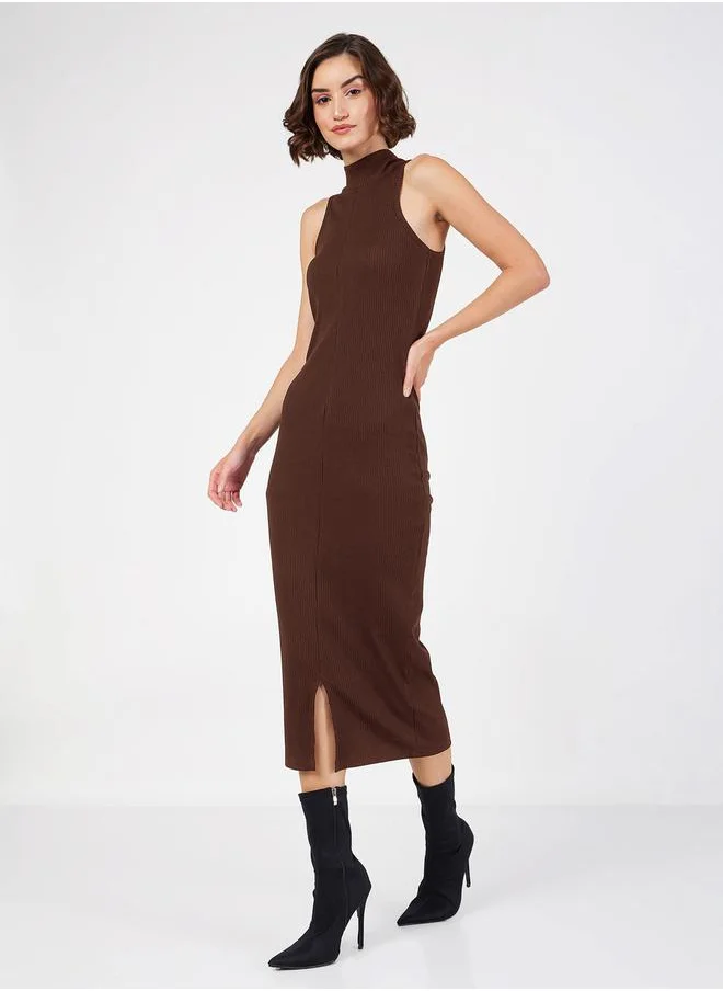 SASSAFRAS Rib High Neck Sleeveless Midi Dress