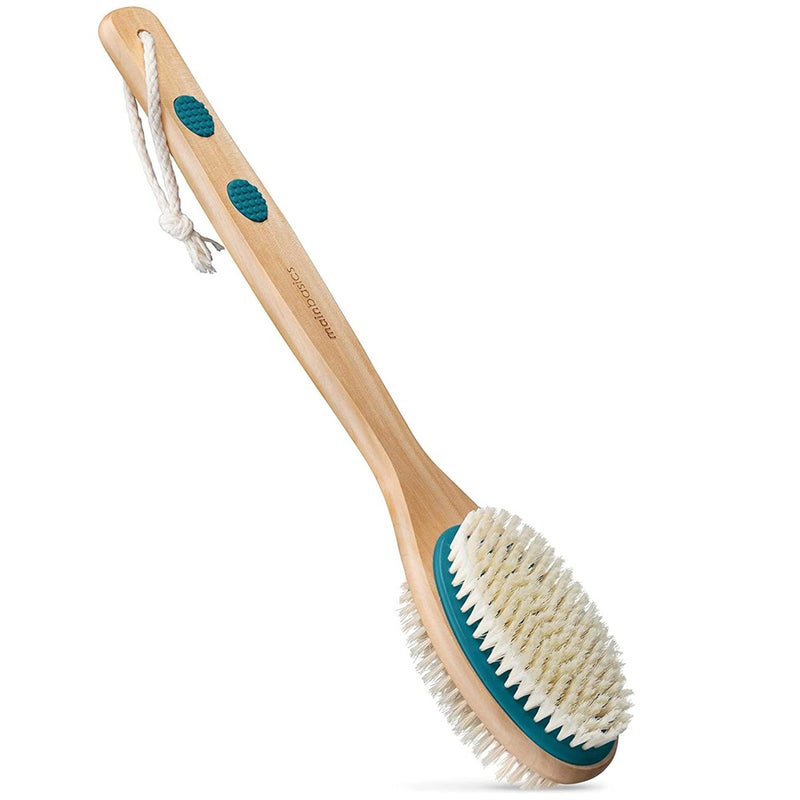 MainBasics Back Scrubber for Shower Long Handle DualSided Brush for Body Wash Scrubbing with Exfoliating Soft Bristles Teal Wood