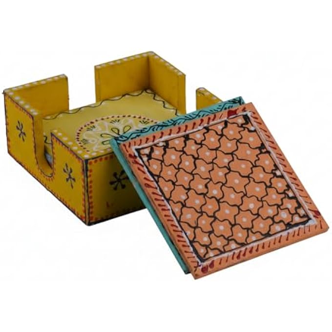 RIGID Handcrafted Tea Coaster Set Of 6  Vibrant Yellow Wooden Holder With Colorful Floral Design Stylish  Durable Drink Coasters For Tea Coffee And Home Decor 11 X 11 X 5 - Image 1