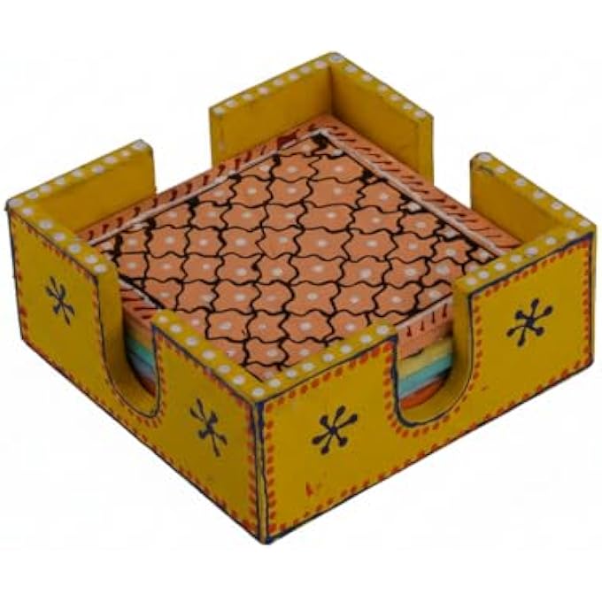 RIGID Handcrafted Tea Coaster Set Of 6  Vibrant Yellow Wooden Holder With Colorful Floral Design Stylish  Durable Drink Coasters For Tea Coffee And Home Decor 11 X 11 X 5 - Image 3