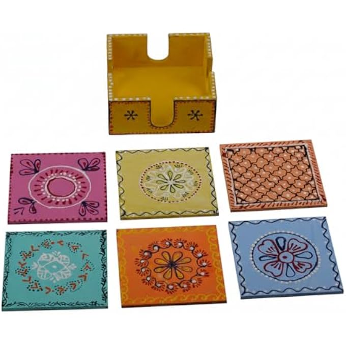 RIGID Handcrafted Tea Coaster Set Of 6  Vibrant Yellow Wooden Holder With Colorful Floral Design Stylish  Durable Drink Coasters For Tea Coffee And Home Decor 11 X 11 X 5 - Image 2