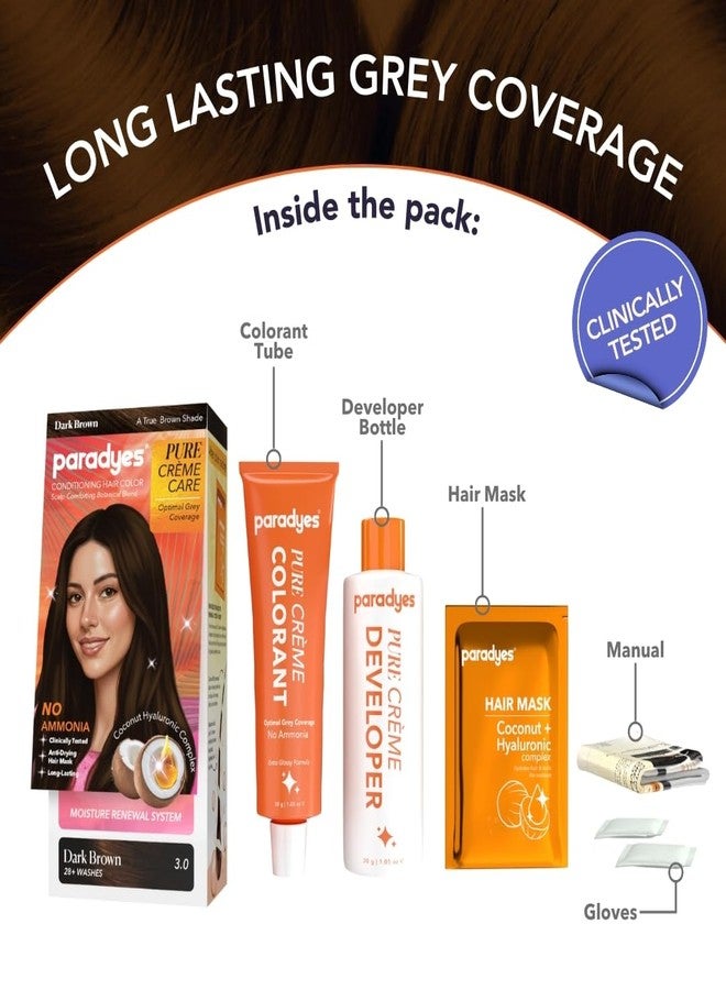 Paradyes Pure Crème Care No Ammonia Hair Color Dark Brown 3.0 | Long-Lasting Crème Formula | Grey Coverage | Coconut Milk + Almond Oil + Hyaluronic Complex | Smooth & Shiny Finish | 60g + 10 ml - Image 3