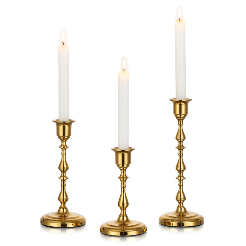 Inweder Brass Candlestick Holders Vintage Gold Taper Candle Holder Metal Candle Sticks Holder Antique Decoration for Dinning Table Mantel Wedding Centerpieces Christmas Party Set of 3