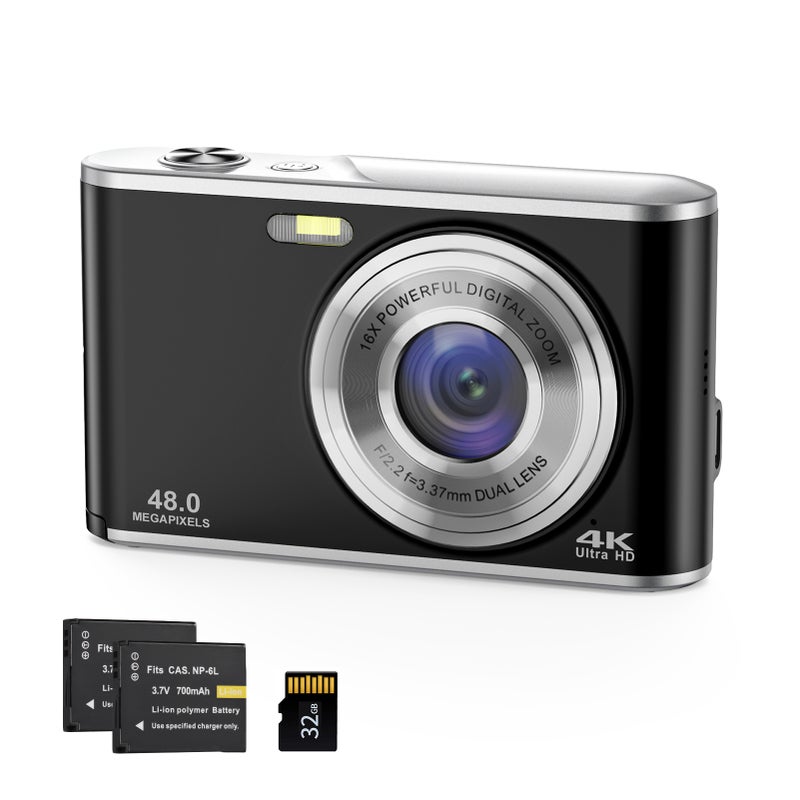 Kids Camera 4K Digital Camera Video Camera with Flash Light 1/4in Screw Hole 48MP Dual Lenses 16X Digital Zoom Support Auto Focus Face Detection Anti-shaking Function with 2pcs Batteries 32GB Memory - Image 1