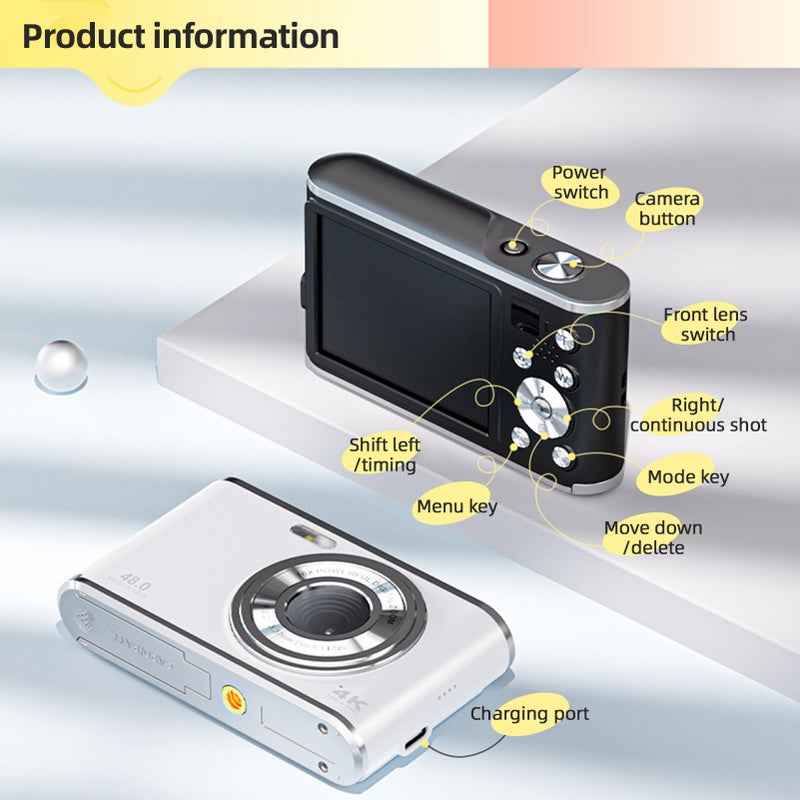 Kids Camera 4K Digital Camera Video Camera with Flash Light 1/4in Screw Hole 48MP Dual Lenses 16X Digital Zoom Support Auto Focus Face Detection Anti-shaking Function with 2pcs Batteries 32GB Memory - Image 5