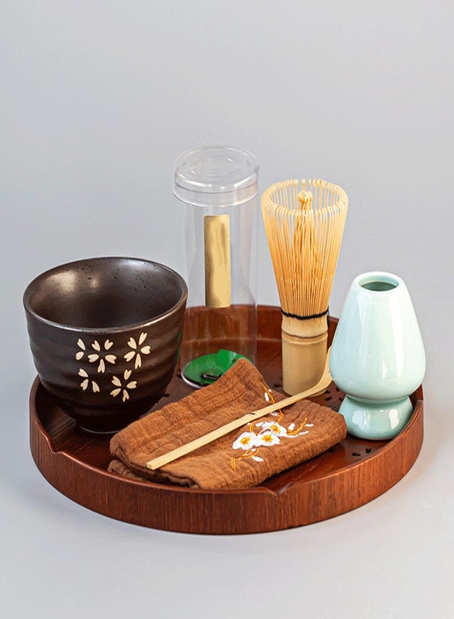 Maxmartt Tea Tray,Round Wooden Cherry Blossom Pattern Tray Japanese Style Food Serving Tray Matcha Baked Tea Whisk Stand for Home Tea House - Image 2