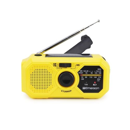Emerson راديو طوارئ إميرسون ER-7050 AM/FM مع نطاق الطقس NOAA، بنك طاقة مدمج، يدوي، شحن بالطاقة الشمسية، مصباح LED، وإنذار SOS – معدات بقاء أساسية للتخييم والاستعداد للطوارئ - Image 1