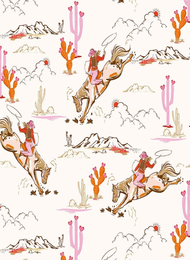 HelloWall Retro Western Wallpaper Stick and Peel Vintage Cowboy Cowgirl Desert Landscape Mural Wallpaper Orange Light Pink Brown White Fun Girly Horse Toile Country Western Contact Paper Cute 17.5x80" Hellowall - Image 1