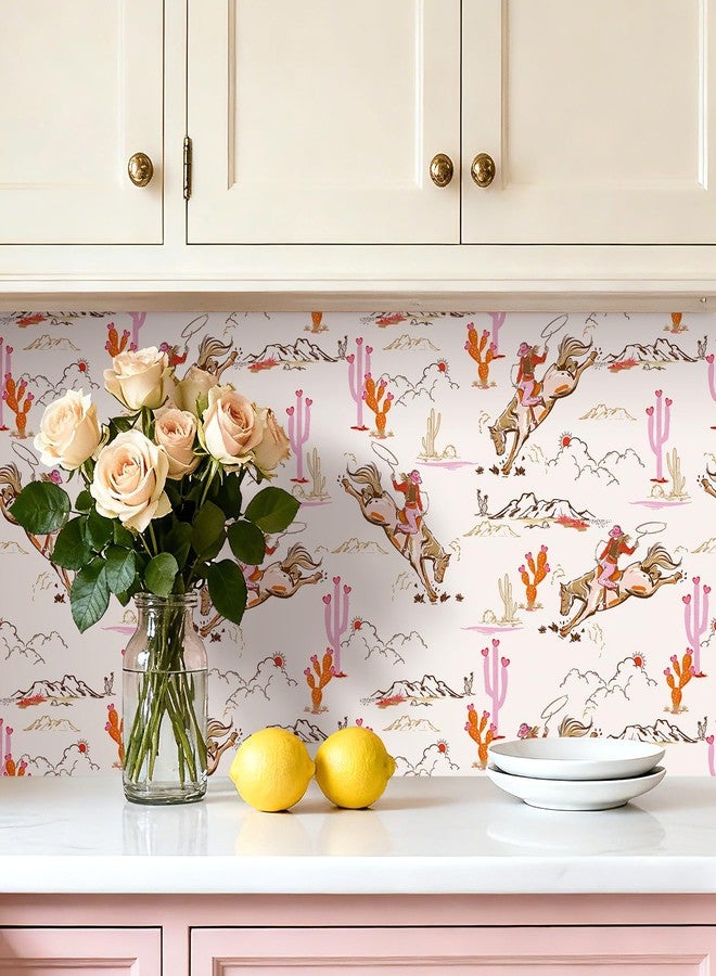 HelloWall Retro Western Wallpaper Stick and Peel Vintage Cowboy Cowgirl Desert Landscape Mural Wallpaper Orange Light Pink Brown White Fun Girly Horse Toile Country Western Contact Paper Cute 17.5x80" Hellowall - Image 4