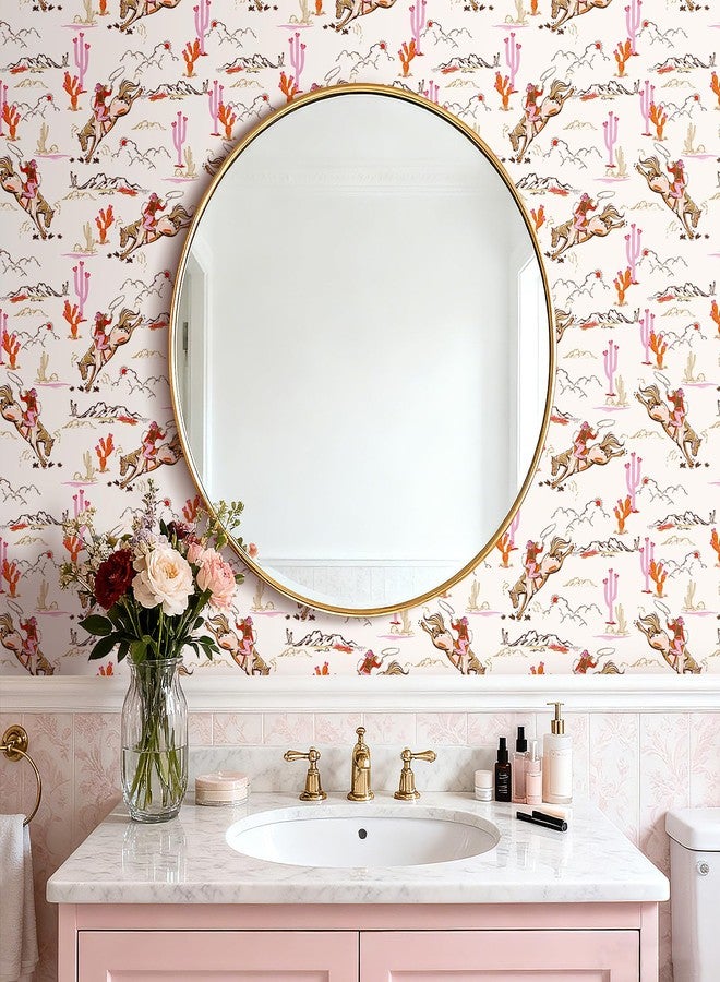 HelloWall Retro Western Wallpaper Stick and Peel Vintage Cowboy Cowgirl Desert Landscape Mural Wallpaper Orange Light Pink Brown White Fun Girly Horse Toile Country Western Contact Paper Cute 17.5x80" Hellowall - Image 3