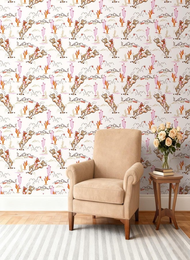 HelloWall Retro Western Wallpaper Stick and Peel Vintage Cowboy Cowgirl Desert Landscape Mural Wallpaper Orange Light Pink Brown White Fun Girly Horse Toile Country Western Contact Paper Cute 17.5x80" Hellowall - Image 5