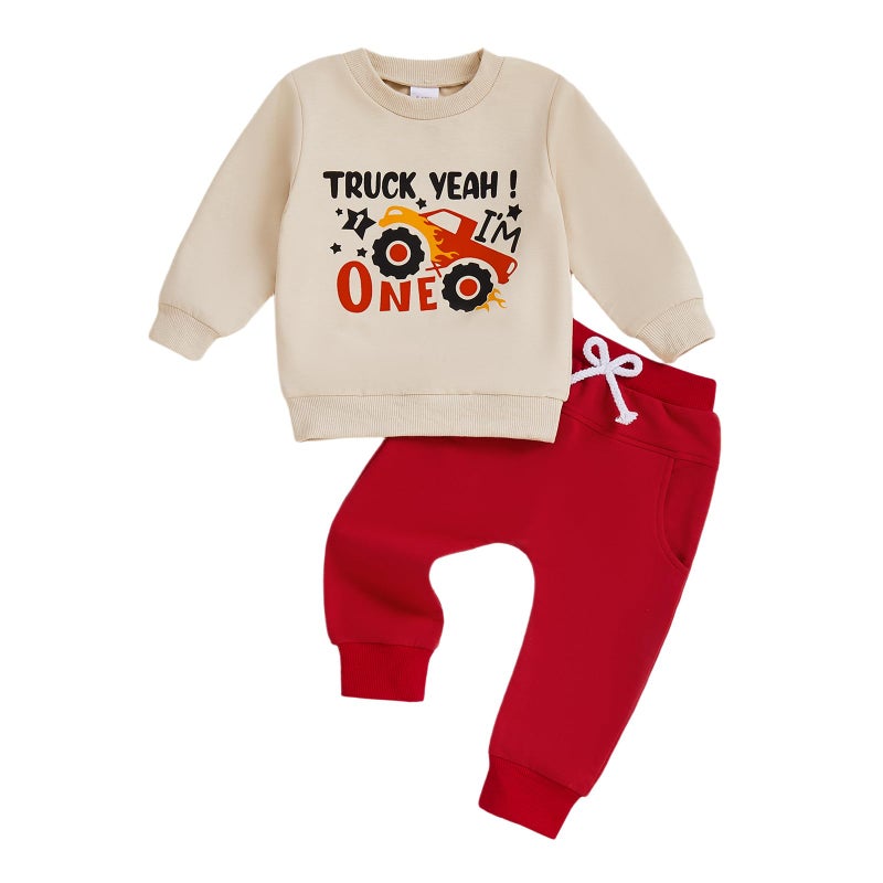 Bonangber First Birthday Outfit Boy Long Sleeve Monster Truck Birthday Shirt Letters Crewneck Sweatshirt Pants Cute Cake Smash Outfit (A-Khaki,12-18 Months) - Image 1