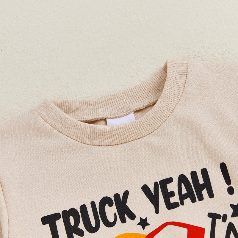 Bonangber First Birthday Outfit Boy Long Sleeve Monster Truck Birthday Shirt Letters Crewneck Sweatshirt Pants Cute Cake Smash Outfit (A-Khaki,12-18 Months) - Image 4