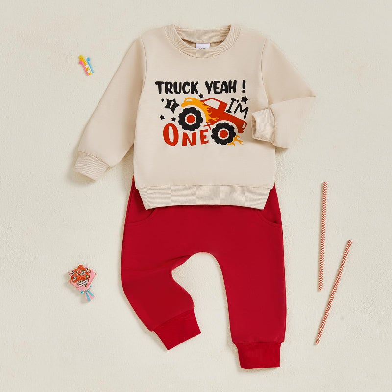 Bonangber First Birthday Outfit Boy Long Sleeve Monster Truck Birthday Shirt Letters Crewneck Sweatshirt Pants Cute Cake Smash Outfit (A-Khaki,12-18 Months) - Image 2