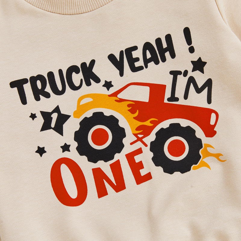 Bonangber First Birthday Outfit Boy Long Sleeve Monster Truck Birthday Shirt Letters Crewneck Sweatshirt Pants Cute Cake Smash Outfit (A-Khaki,12-18 Months) - Image 5