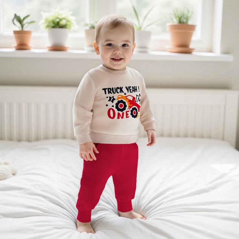 Bonangber First Birthday Outfit Boy Long Sleeve Monster Truck Birthday Shirt Letters Crewneck Sweatshirt Pants Cute Cake Smash Outfit (A-Khaki,12-18 Months) - Image 3